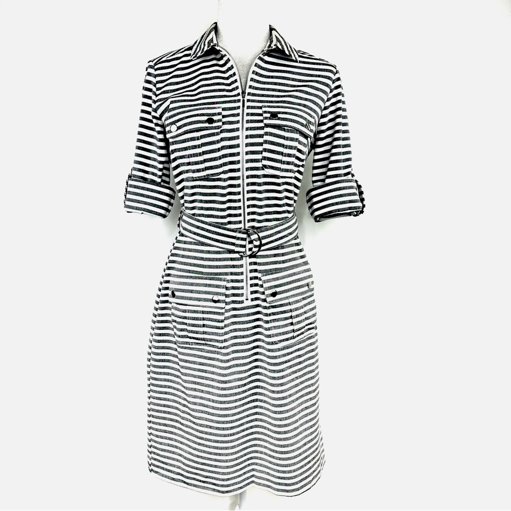Neiman Marcus Gray & White Striped Zip Front Belted Knee Length Shirt Dress Sz 4